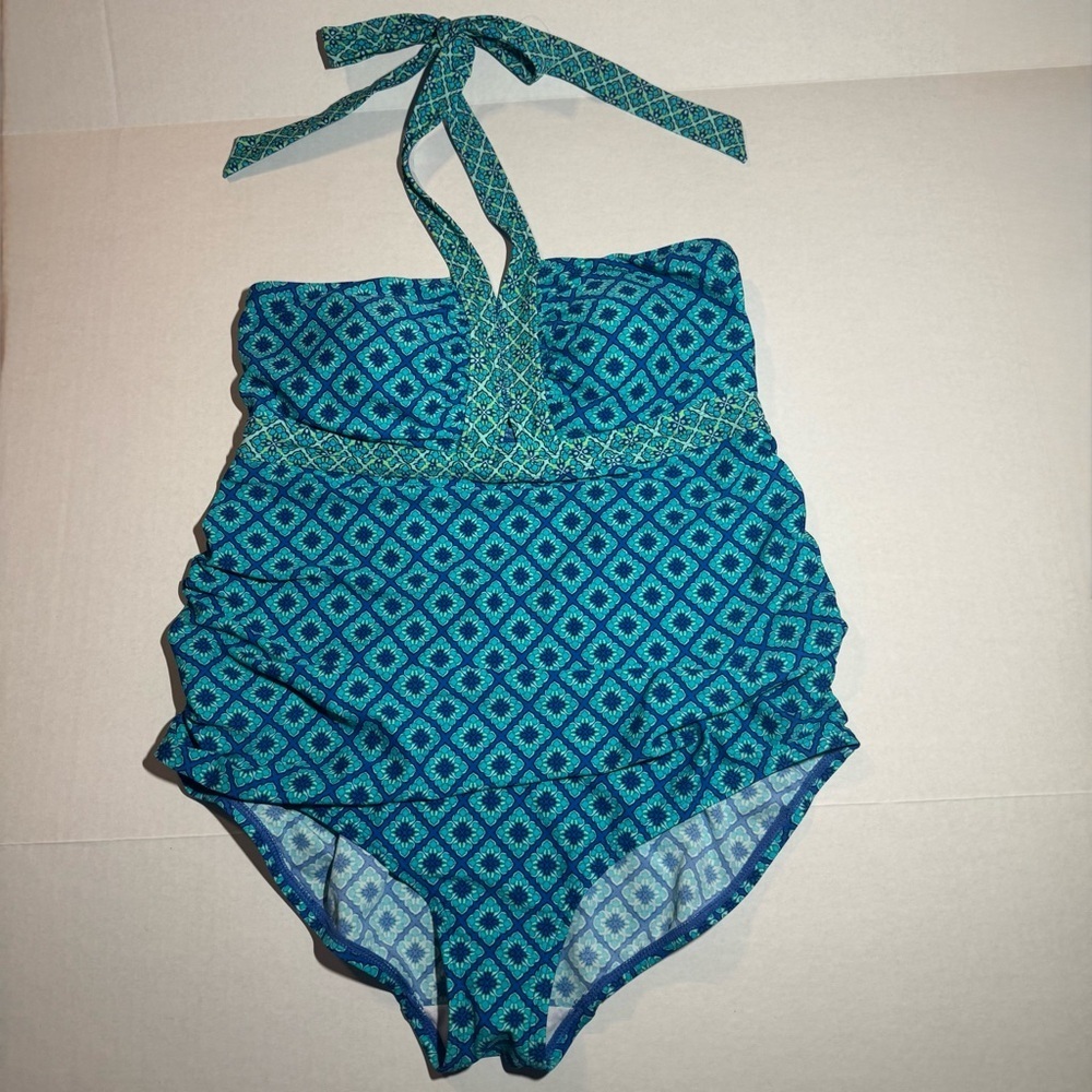 Motherhood Maternity Geometric One Piece Swimsuit Beach Bump Halter Size M Teal - Picture 2 of 6